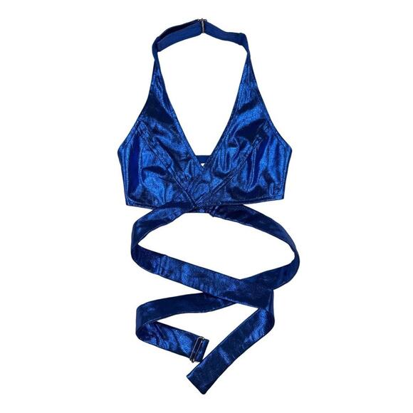 superdown Tops - Superdown - Deanna Halter Wrap Top in Metallic Blue